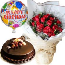 Red Roses, Chocolate Cake with Balloon Red Roses, Chocolate Cake with Balloon